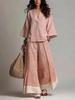 2026 Spring/Summer Cotton Linen Set: French V-neck 3/4 Sleeve Shirt & Color Block Wide-leg Pants