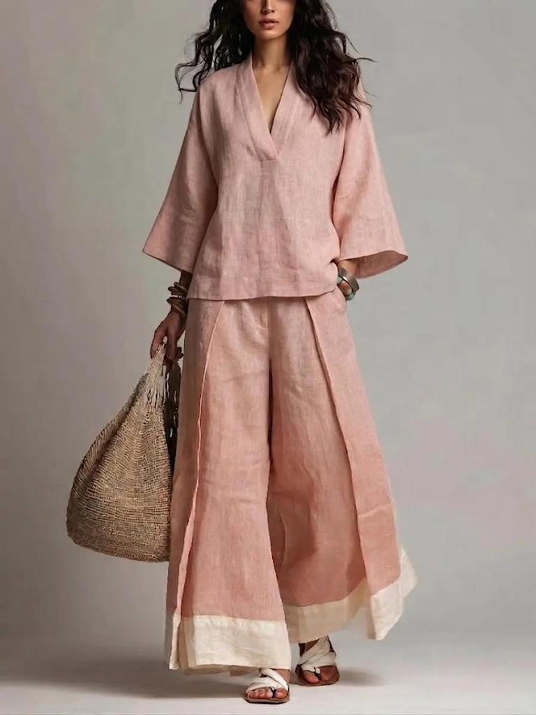 2026 Spring/Summer Cotton Linen Set: French V-neck 3/4 Sleeve Shirt & Color Block Wide-leg Pants