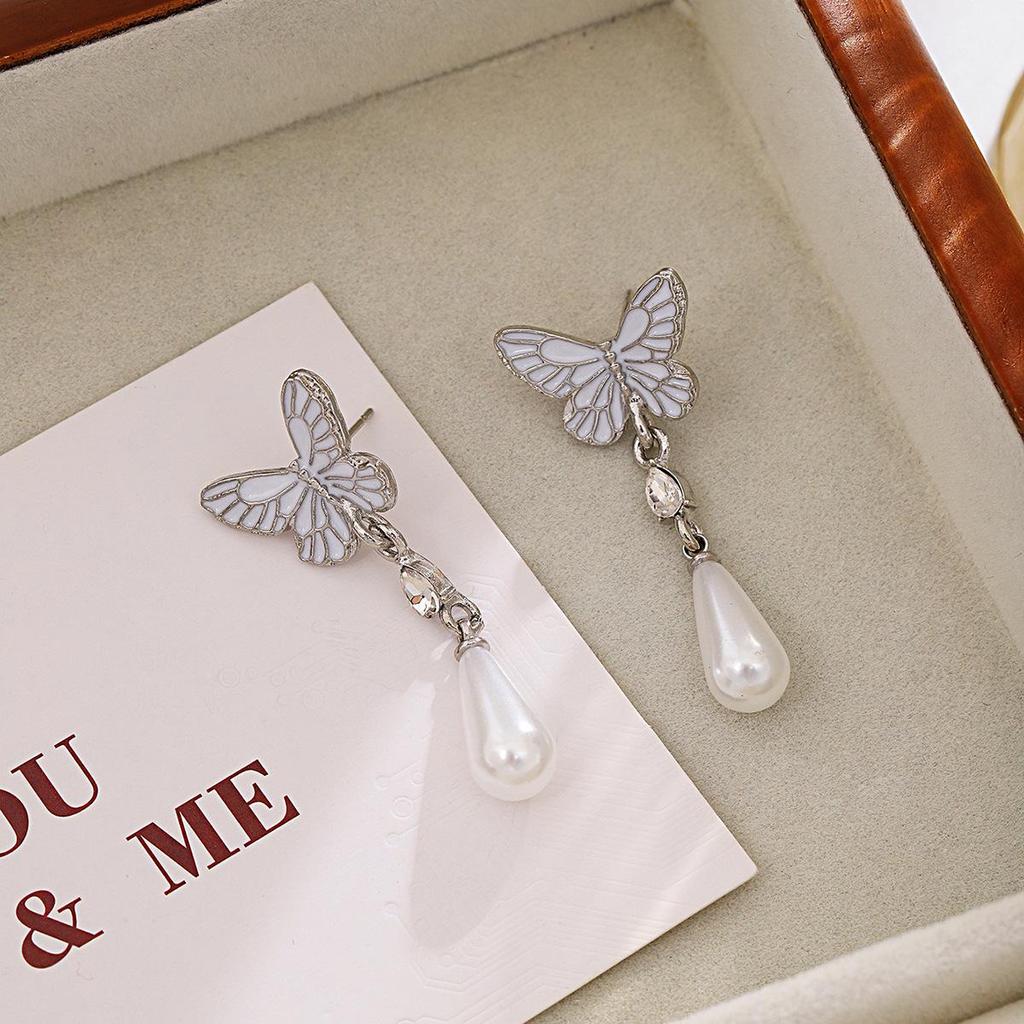 French Retro Silver Needle Butterfly Earrings with Drip Oil Inlay and Pearl Drop
