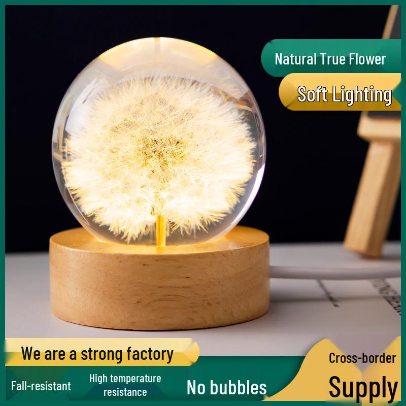 Dandelion Crystal Ball Night Light with Preserved Flower