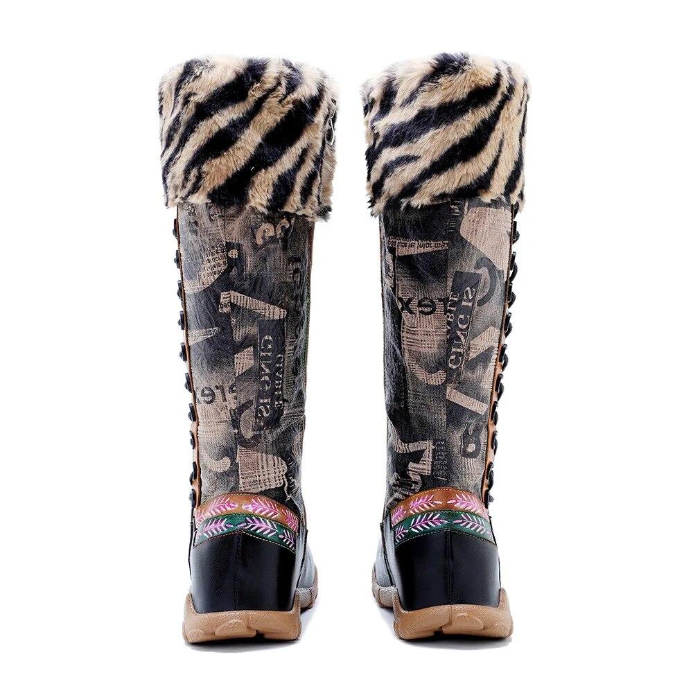 Johnature Genuine Leather Patchwork Printed Long Boots Fashion Versatile Leopard Print Fur Collar Women Shoes