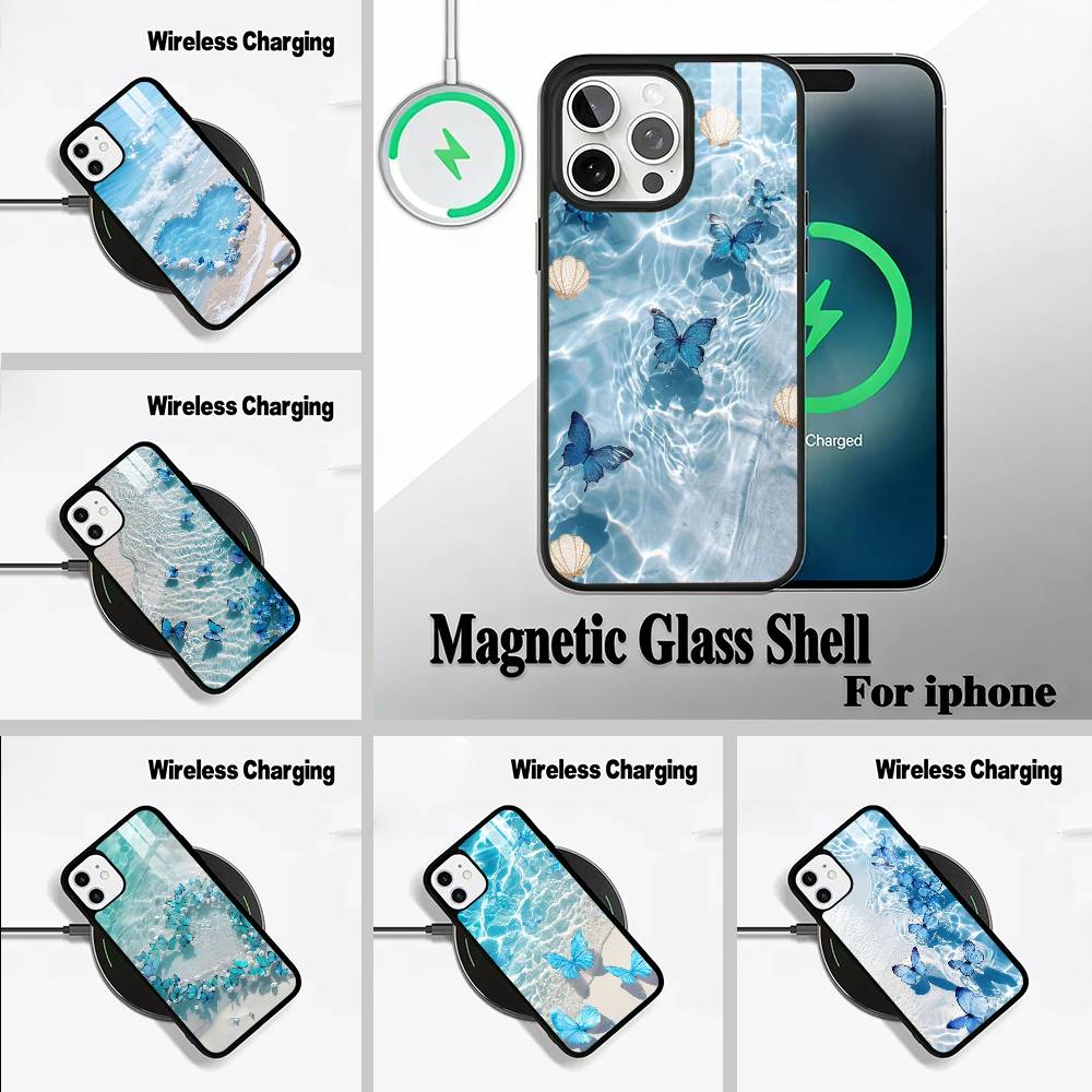 Blauer Schmetterling Meereswelle Für IPhone17 16 15 14 13 12 11 Plus Pro Max Plus Kabelloses Ladegerät Handyhülle