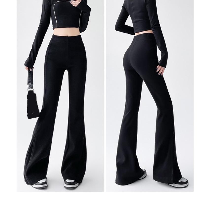 Jesienna Moda Damska Rozszerzane Długie Spodnie 2024 Nowe Elastyczne z Wysokim Stanem Casualowe Dopasowane Spodnie na Zamek Damskie Jednokolorowe Eleganckie Spodnie 2387