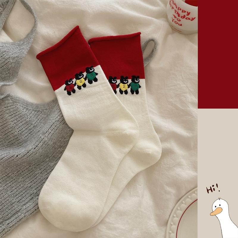 Rolled-up Socks for Women, Autumn Red and White Mid-calf Socks, Cartoon Bear Pile Socks, Striped Boneless Socks