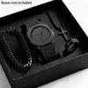 Trendiges Schwarzes Mode-Quarz-Armbanduhr & Schmuck-Set für Herren: Armband, Ring, Halskette und Geschenkbox