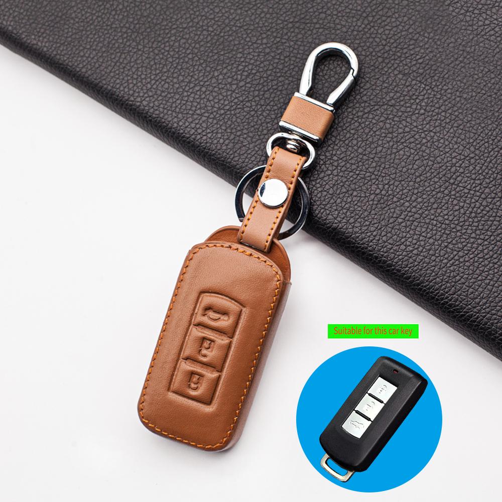Leather Car Key Case Cover Set Fob For Mitsubishi Outlander Lancer Ex Asx Colt Grandis Pajero Sport 3 Buttons Remote Key Bag