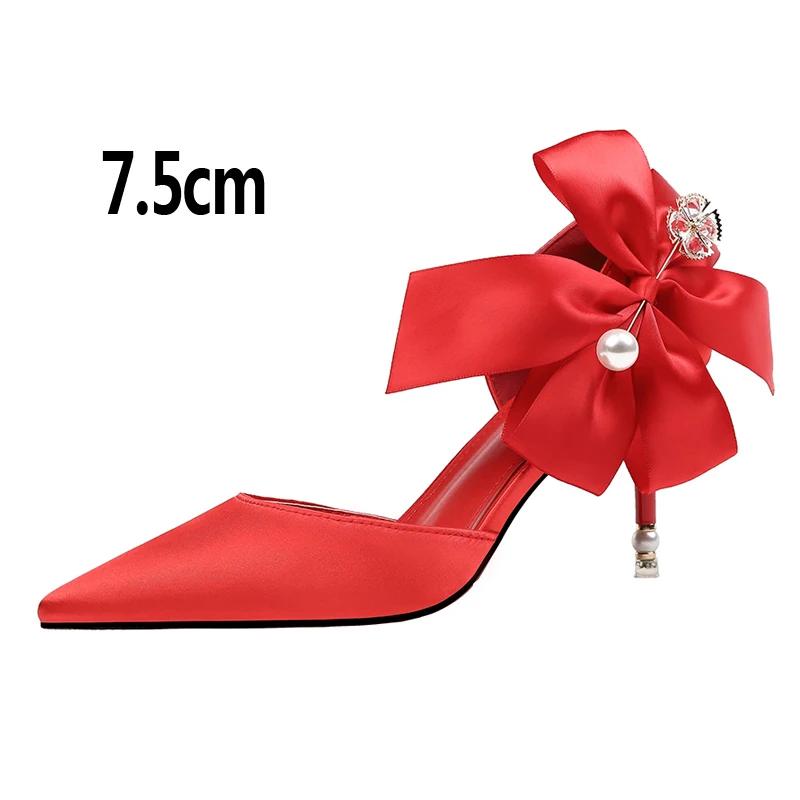 Fashion 2025 New Bow-knot Women Pumps Designer Shoes High Heels Sandals Women Satin Stiletto Heels Sexy Pearl Wedding Shoes Plus Size 43