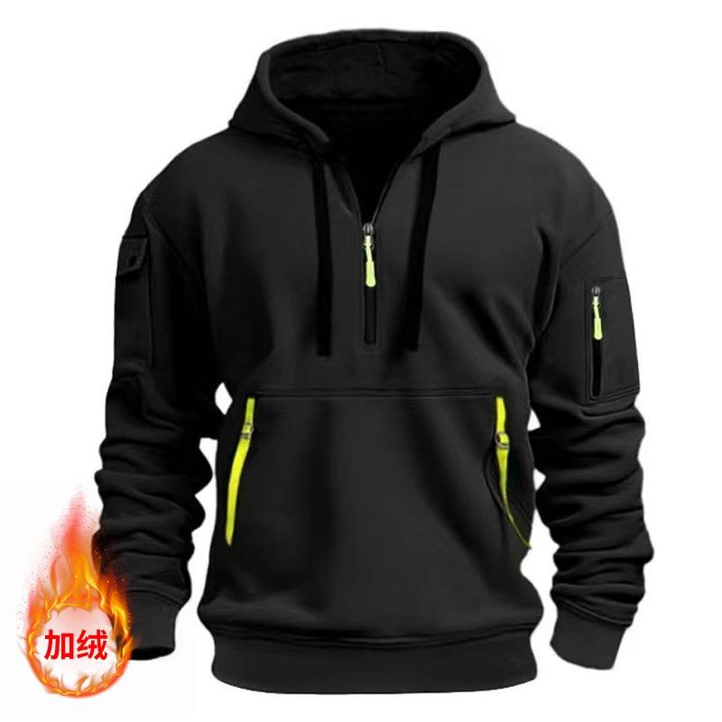 Autumn Winter Pullover Men's Casual Multi Zipper Arm Pocket Hoodie Pullover Plus Fleece Hoodie Men's
