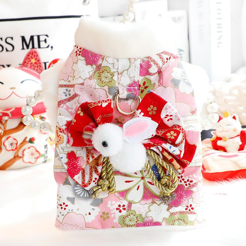 1PC Dog Clothes Autumn and Winter Thick Cat Princess Romantic Cherry Blossom Kimono Cotton Coat Small Dog Teddy