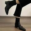 Fashion Vintage Camellia Gold Buckle Knit Stretchy Sock Boots Women's Square Toe Mid Block Heel