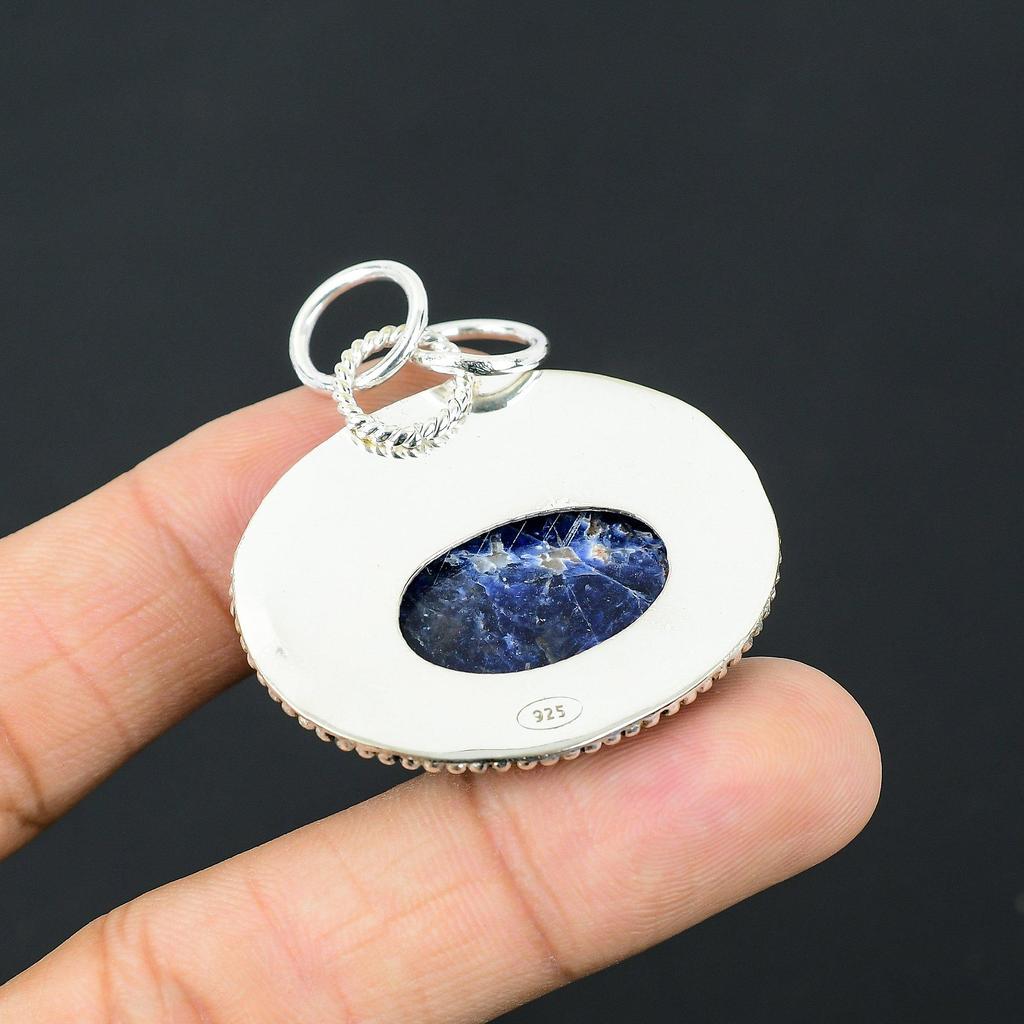 Oval Sodalite Stone Birthday Engagement Boho Pendant Jewelry 925 Sterling Silver