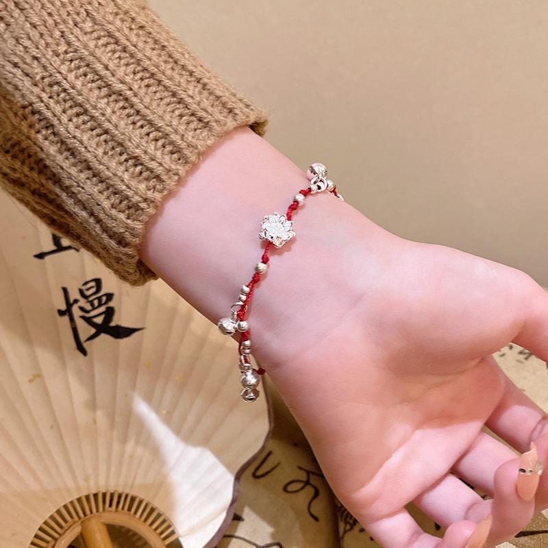 Lotus Red Rope Bracelet Women's New Chinese Woven Bell Hand Rope Step by Step Bracelet