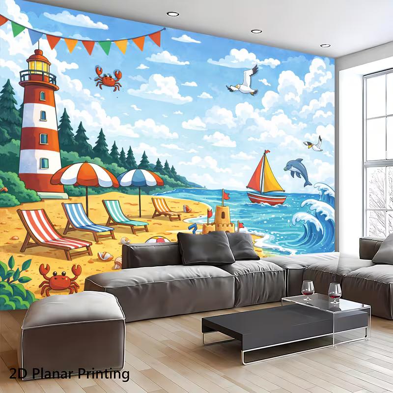 2D Summer Beach Scene with Crab & Dolphin Photoshoot Background