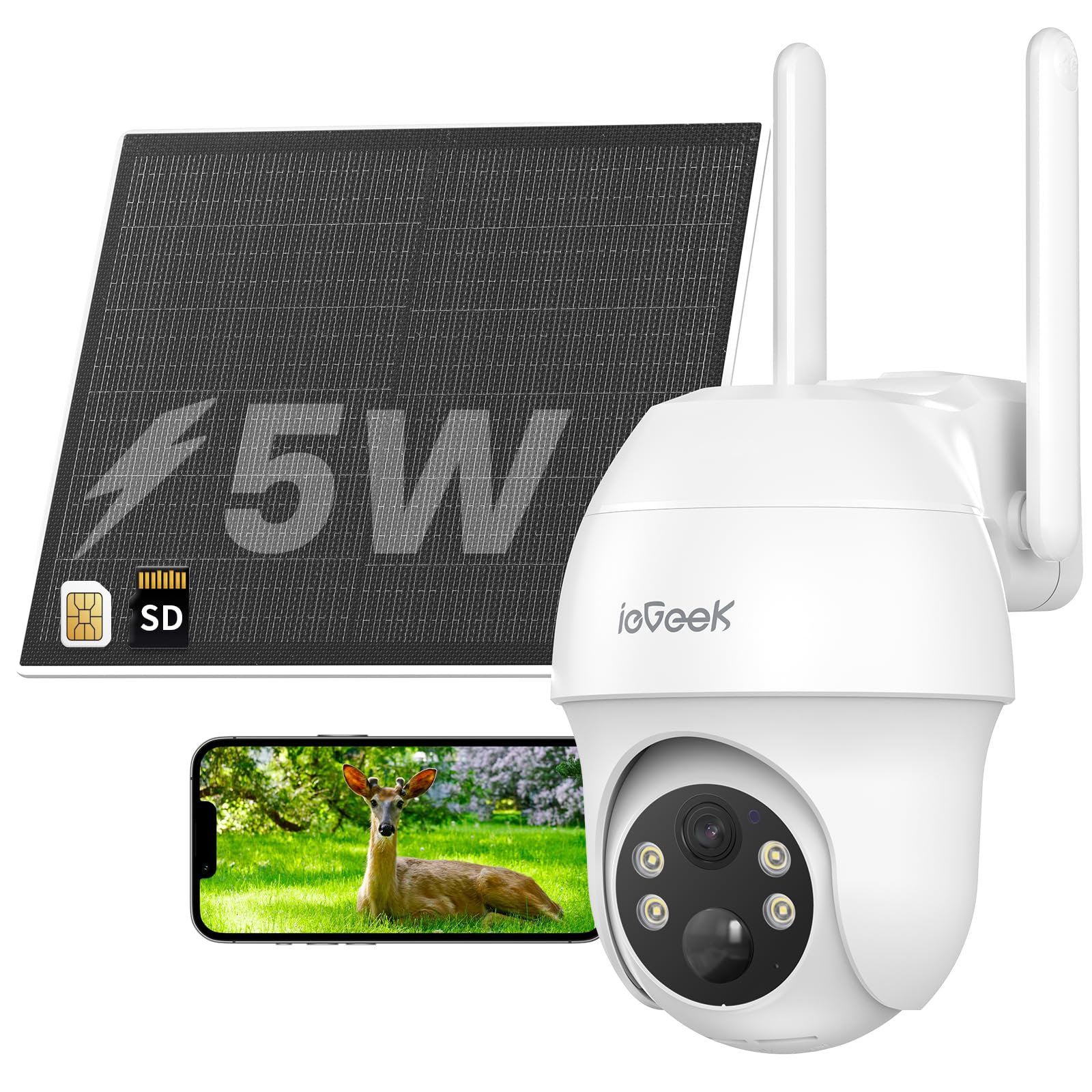 

Power Supply or Required SIM Card 64GB Micro SD Card ieGeek 4G LTE Security No SIM Surveillance 5W Solar 15000mAH 3 PTZ PIR Temperature Nighttime білий