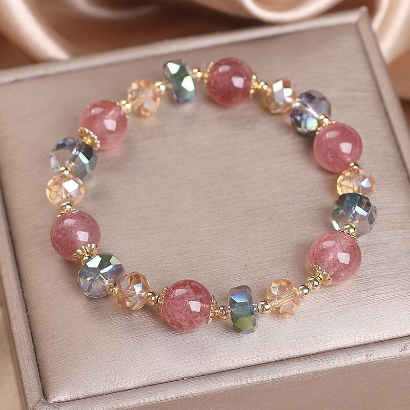 Natural Strawberry  Bracelets For Women Light Luxury Pink String Beaded Elastic Bangles Party Jewelry Gift