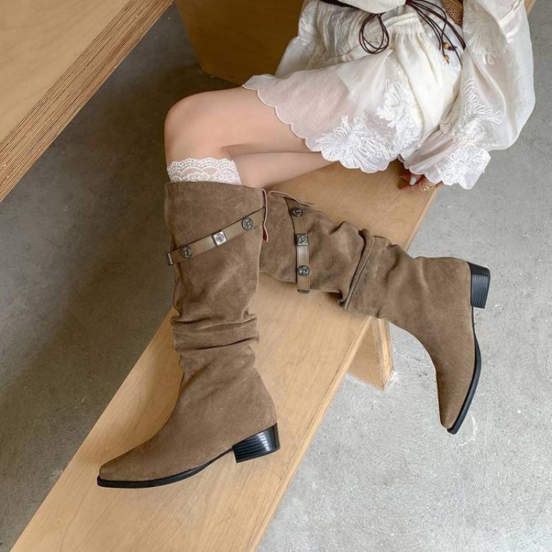 Autumn and winter women's leather boots sleeve medium heel large size women's boots new versatile Martin boots genuine leather cow suede high boots