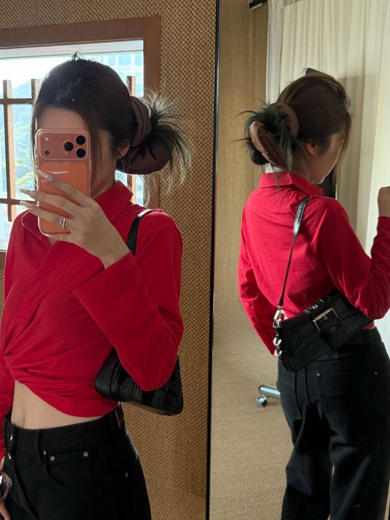 Women's Red Long Sleeve Polo Collar Casual T-Shirt by Nanyou