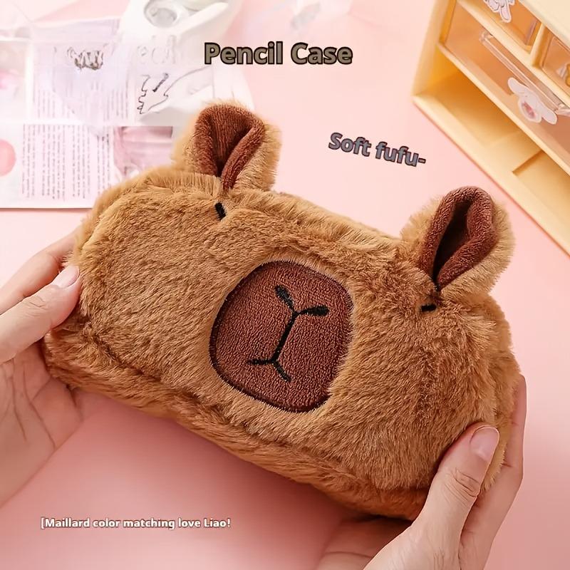 Large Plush Capybara Pencil Case - Spacious Stationery Organizer with Makeup Brush Holder, Coin Purse & Office Supplies Storage