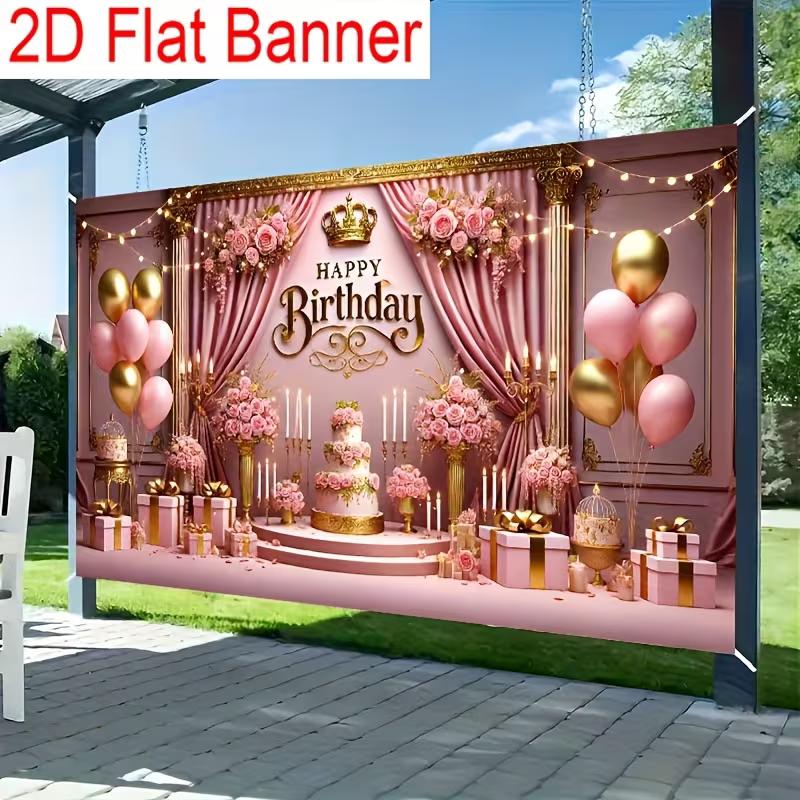 2D Flat Banner Birthday Backdrop Pink Gold Royal for Girls & Women Themed Party Photos