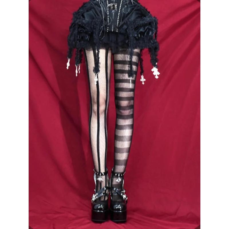 Women Vintage Gothic Dark Punk Style Sexy Pantyhose Goth Lolita Uniform Striped Asymmetric Hollow out Fishnet Tights Summer
