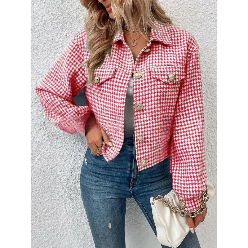 YYFS Women's Fashion Casual Houndstooth Print Autumn Winter Long Sleeve POLO Neck Jackets & Coats