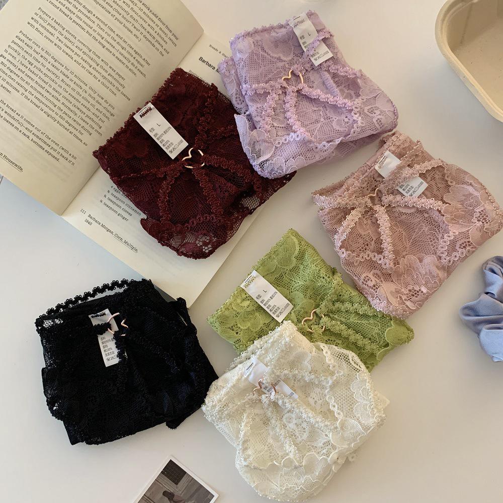 Slightly Tipsy Love - Purple Lace Low-Waist Breathable Cotton Panties with Cross Cutout
