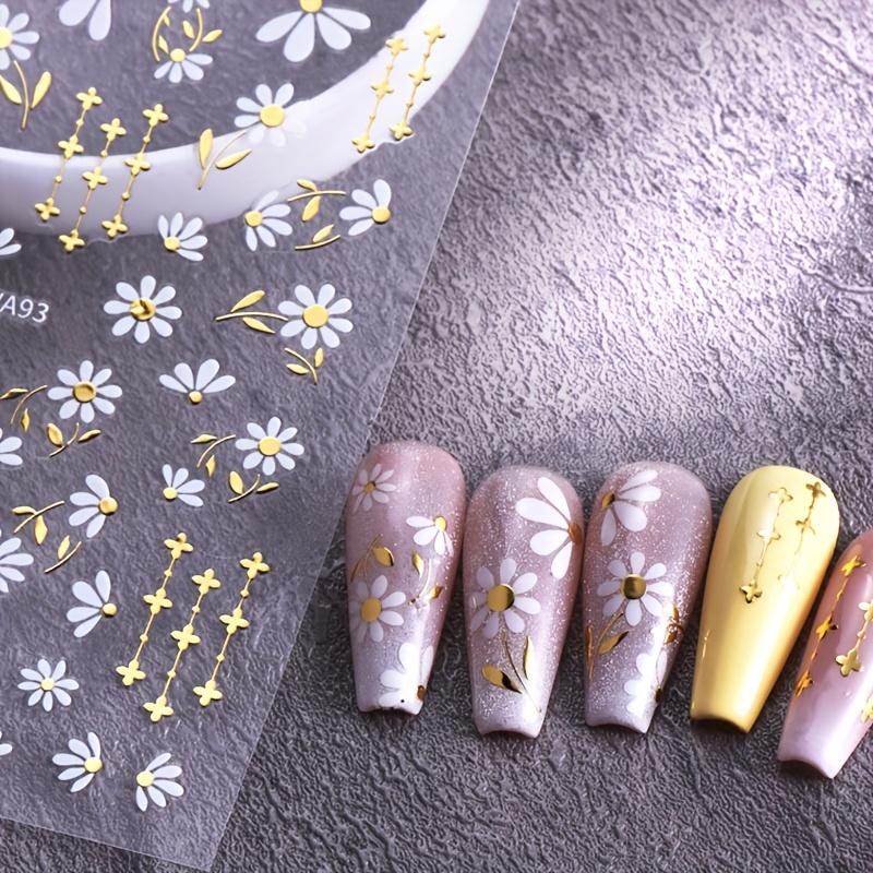 Golden Daisy Foil Nail Art Stickers Self Adhesive Floral Pattern Shiny Metallic Accents Waterproof for DIY Manicure Women Girls