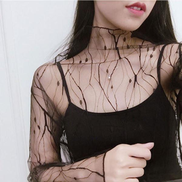 Women Mesh Top With Nylon Fabric Long Sleeve Sheer Lace Shirt For Spring Summer Fashion