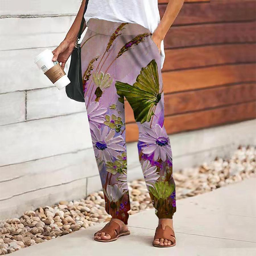 Women Flower Printing Pants Lace Up Elastic Waist Loose  Trousers Casual Long Pants Trousers with Pockets