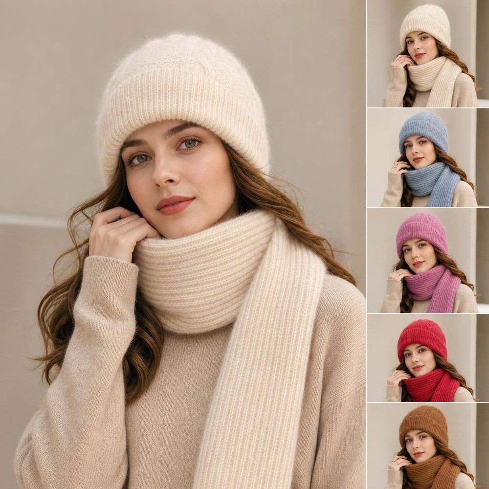 Solid Color Knit Beanie Scarf Soft Stretch Knit Beanie With Scarf  Street Style