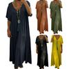 Abito estivo in lino taglie forti da donna, ampio, manica corta, scollo a V, lungo, casual, da spiaggia, svolazzante, con tasche