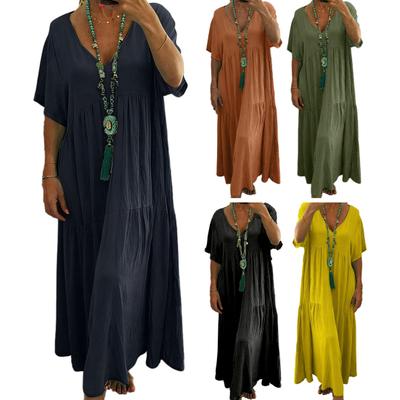 Vestido de Lino de Verano Talla Grande para Mujer Holgado de Manga Corta con Cuello en V Largo Casual de Playa Fluido Vestido de Verano con Bolsillos