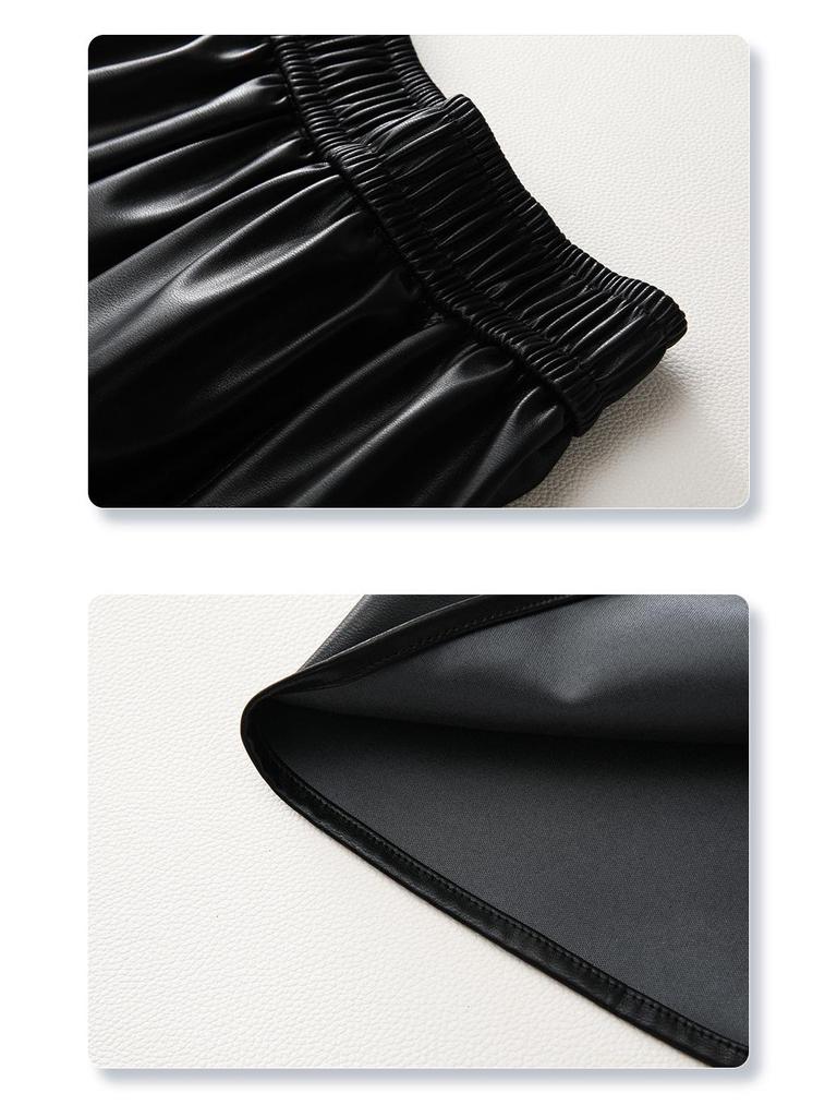 Coffee PU Leather Elastic Waist A-Line Pleated Midi Skirt - Women's 2024 Spring/Autumn Style
