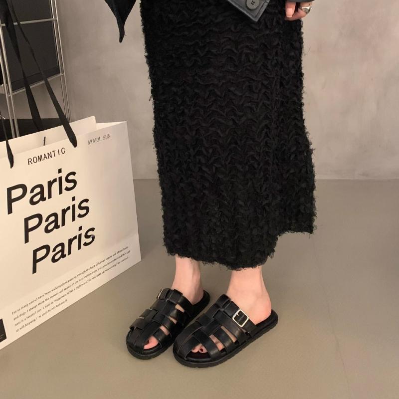 Retro Roman Shoes Women Genuine Leather Mules Round Toe Flat Sandals Buckle Slippers Ladies Fashion Casual Shoes Summer