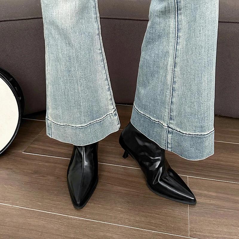 Ankle Thin Heels Modern Boots Winter Round Toe Shoes Female 2024 High Quality Mid Heel Solid Sewing Concise Women's Boots