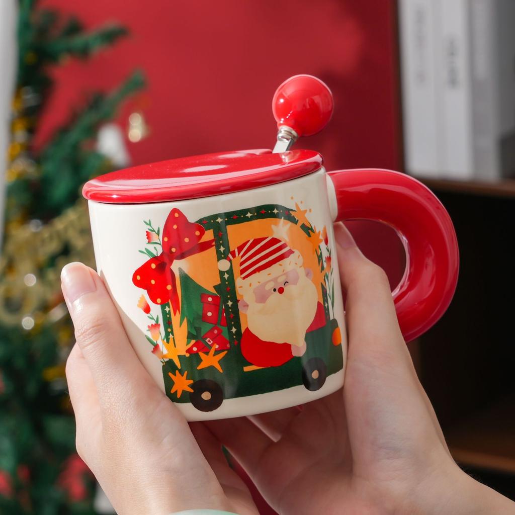 Christmas Gift Mug with Lid Spoon Santa Cup Christmas Eve with Small Gifts for Employees and Customers