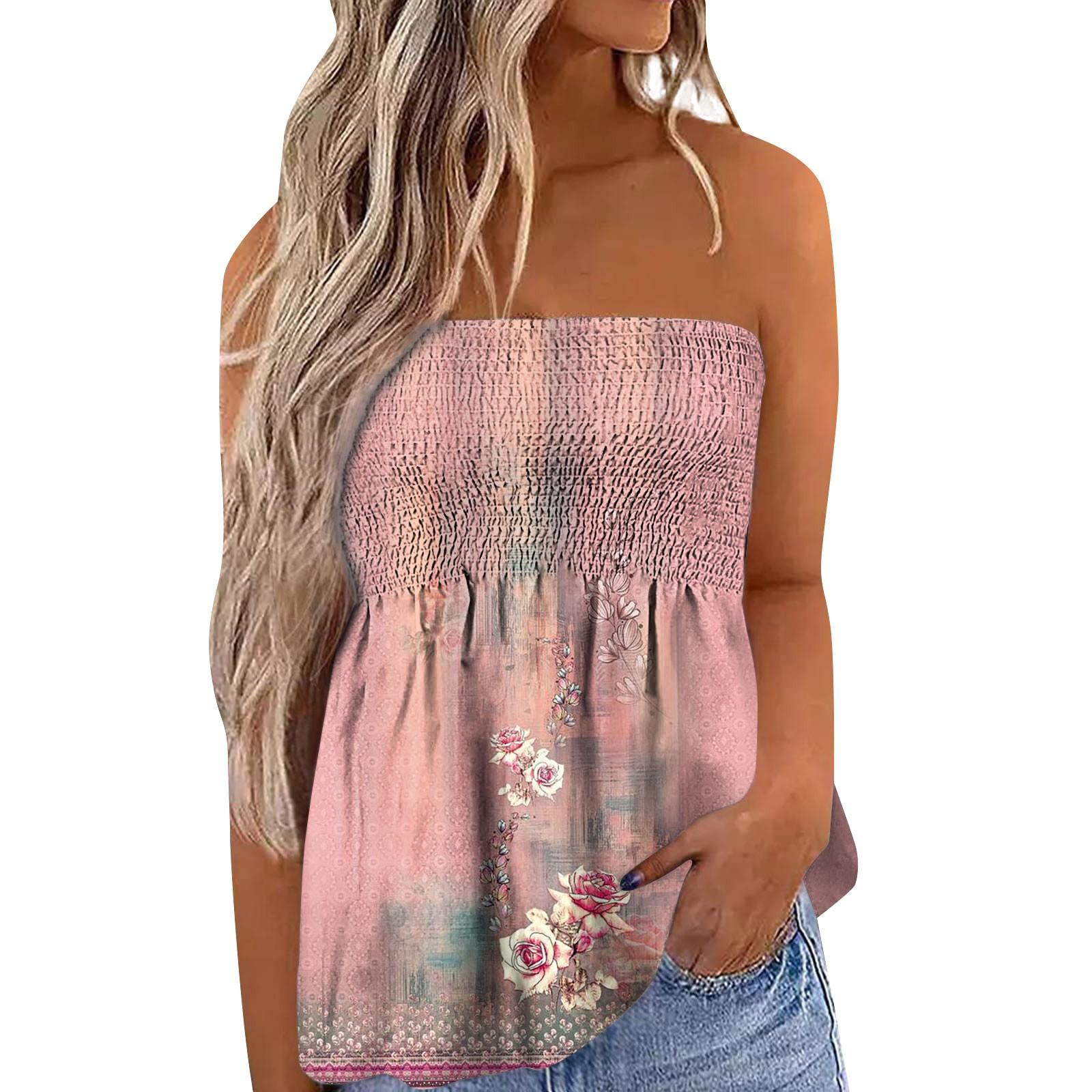 

Women Elastic Band Printed Tube Top Backless Slim Fit Stretchy Crop T Shirt Casual Summer Sleeveless Blouse L