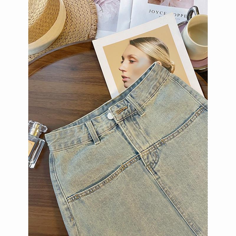 Women's Retro A-Line Denim Midi Skirt - 2025 Spring Collection, Mid-Length with Slit for a Stylish Bodycon Fit