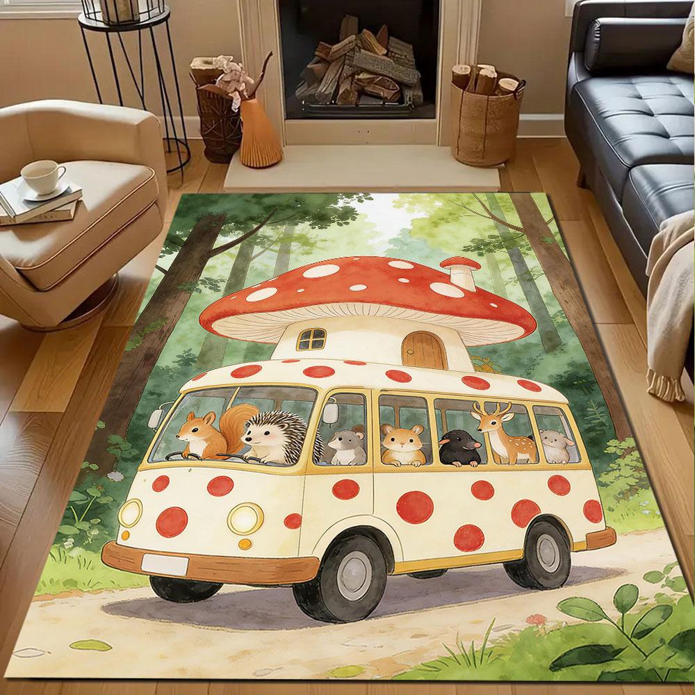 Woodland Animals in Mushroom Bus Patterned carpet, non slip mat suitable for living room and bedroom sofas