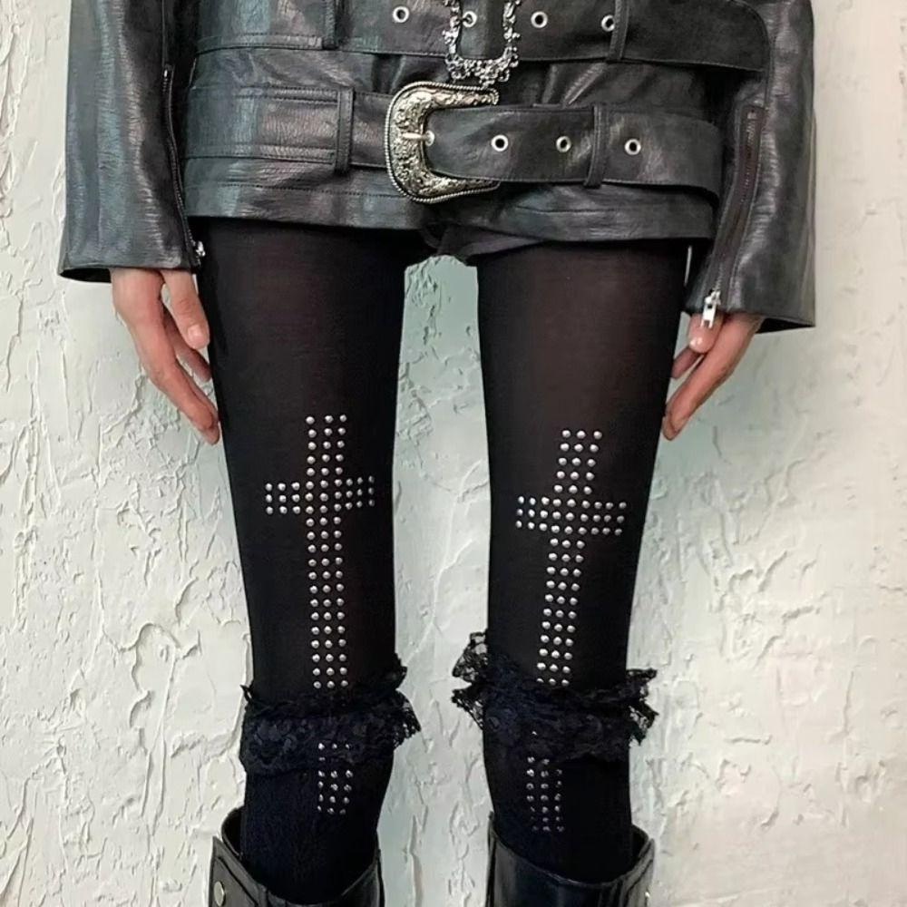 Rhinestone Cross Y2K Pantyhose Retro 2000s Cosplay Pantyhose Vintage Women's Leggings Casual Wear