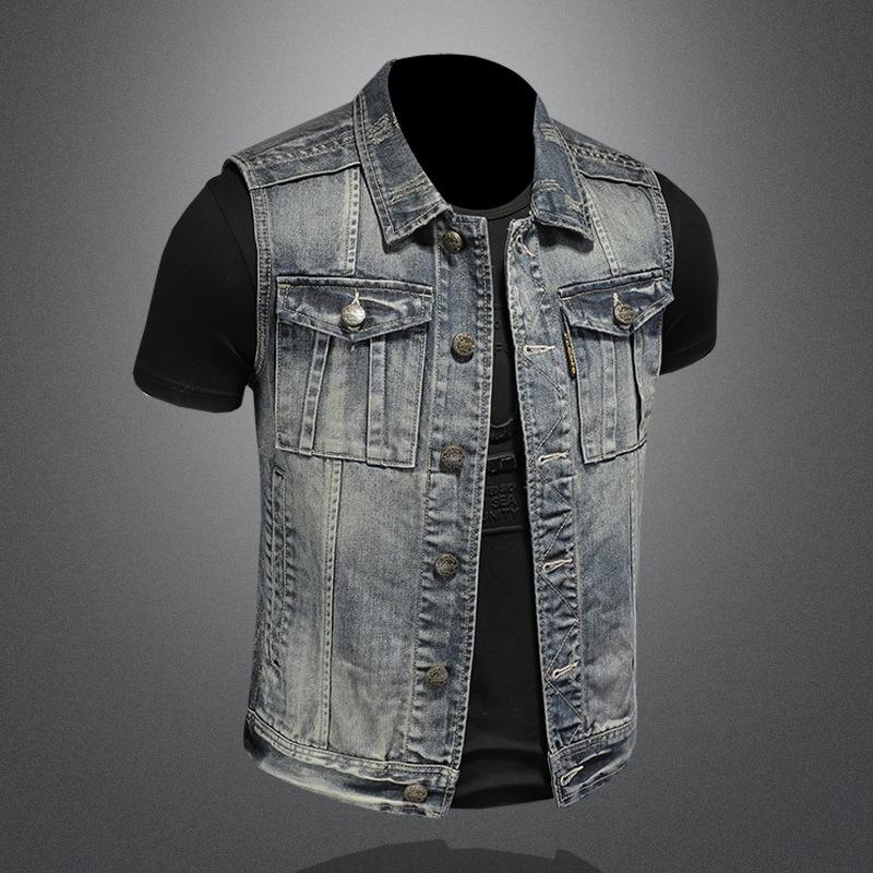 Cross-border European and American Retro Distressed Denim Vest Men's Plus Size Simple Sleeveless Slim Denim Vest MJ5171