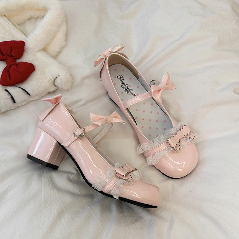 Plus Size Women's Shoes Round Toe Shallow Mouth Bow Mary Jane Small Leather Lace Fashion Square Heel Single Shoes