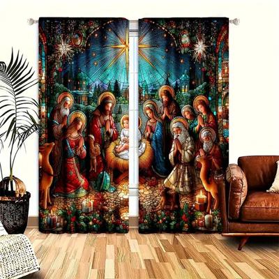 2er Set Jesus Geburt Krippenszene Fenstervorhänge für Wohnzimmer Leichter & Atmungsaktiver Stoff Perfekt für Weihnachtsdeko