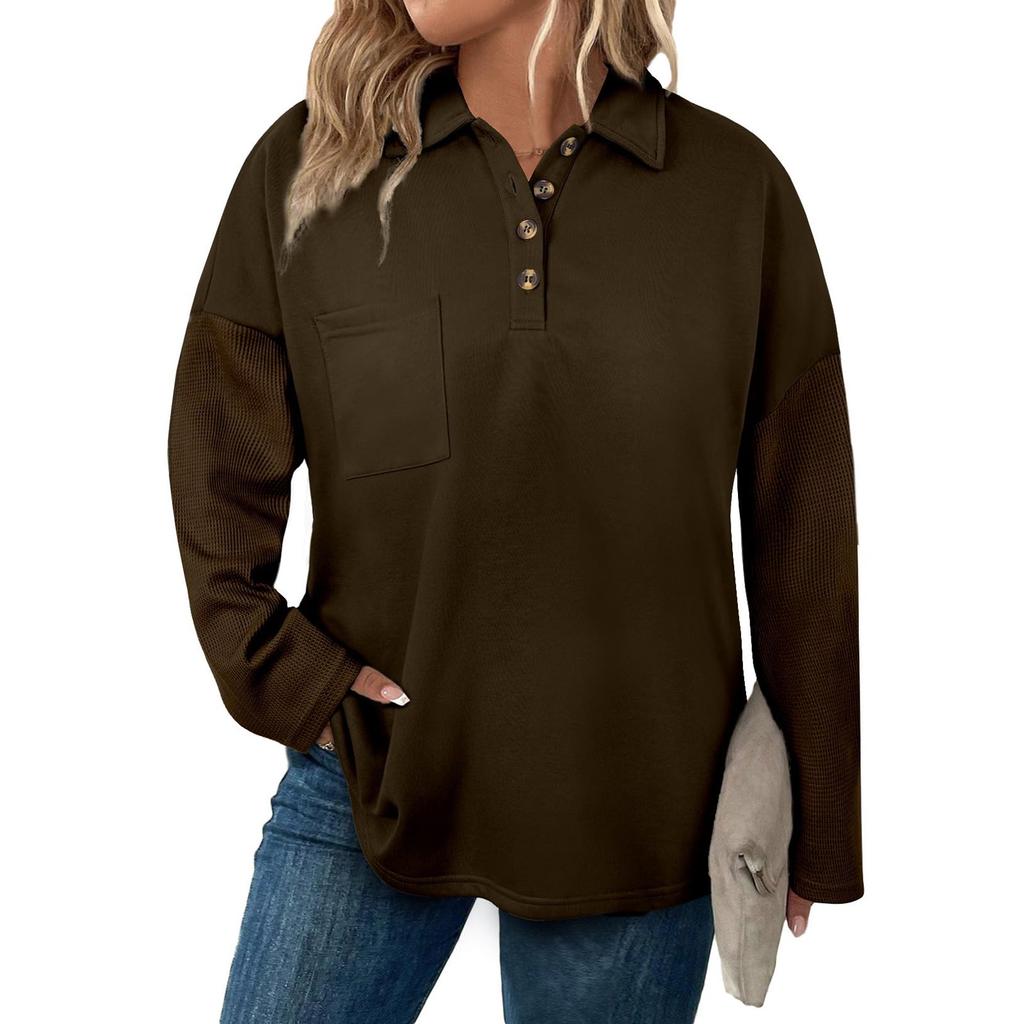 Women's Fashion Long Sleeve Plus Size Button V-Neck Check Patchwork Loose Sweatshirt Top