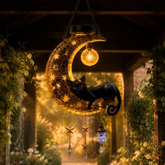 Waterproof Solar Powered Path Light Halloween Hanging Moon Cat Lamp with Ghost Star Charm, Black On Crescent Whimsical Sculpture for Garden Wind Chime