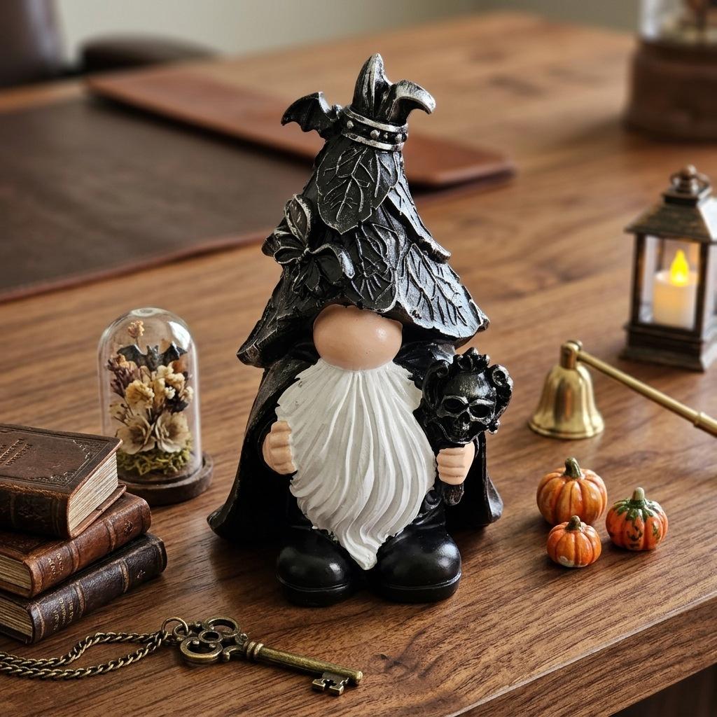 Halloween Dark Wizard Gothic Gnome Resin Figurine with Skull Staff, Creative Home Decor Tabletop Statue Gift
