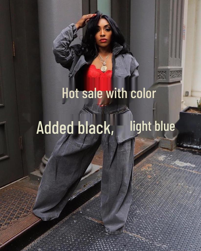 Two-Piece Retro Denim Workwear Set: Wide-Leg Trousers & Short Jacket for Women