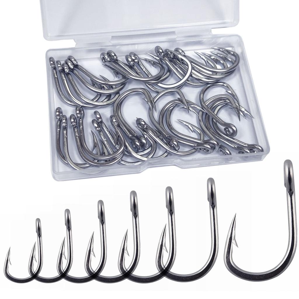 Stainless Steel Fishing Single Hooks with for Baitcasting and Super Strong Thick for Large Set of 30 Hooks, Barbs, Tackling, Silver, Shank, Fish,