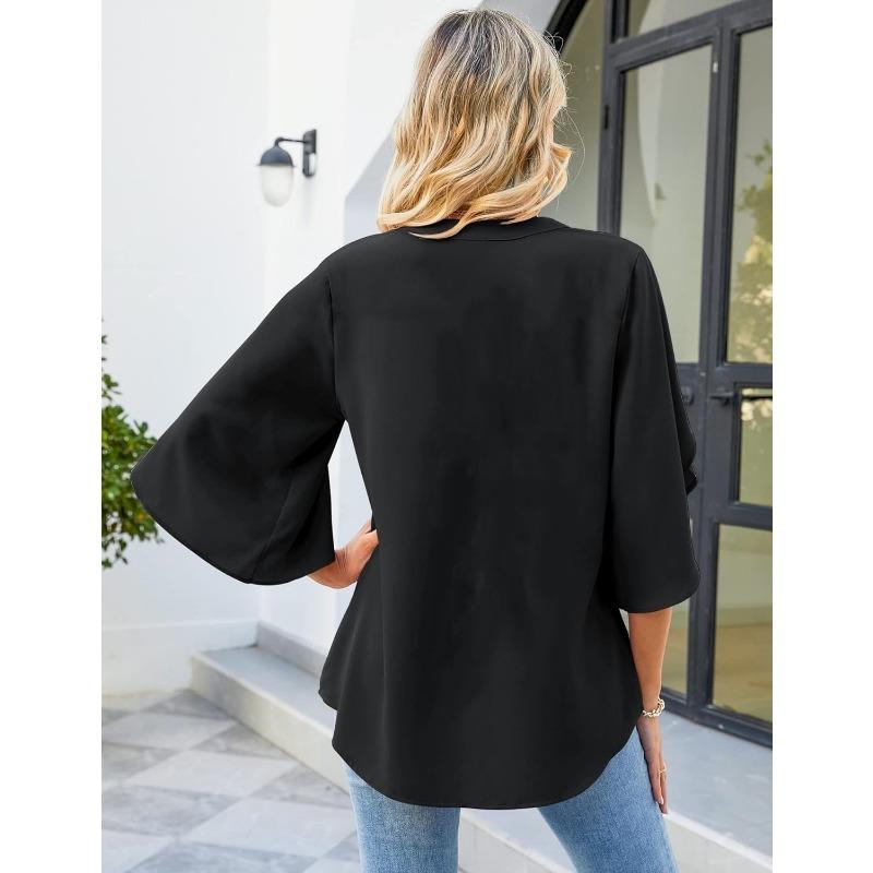Summer V-neck Loose Casual Office Women Blouse Elegant Petal Short Sleeve Ruffled Chiffon Top Fashion Female Solid Color Simple Shirts Women Vlothing