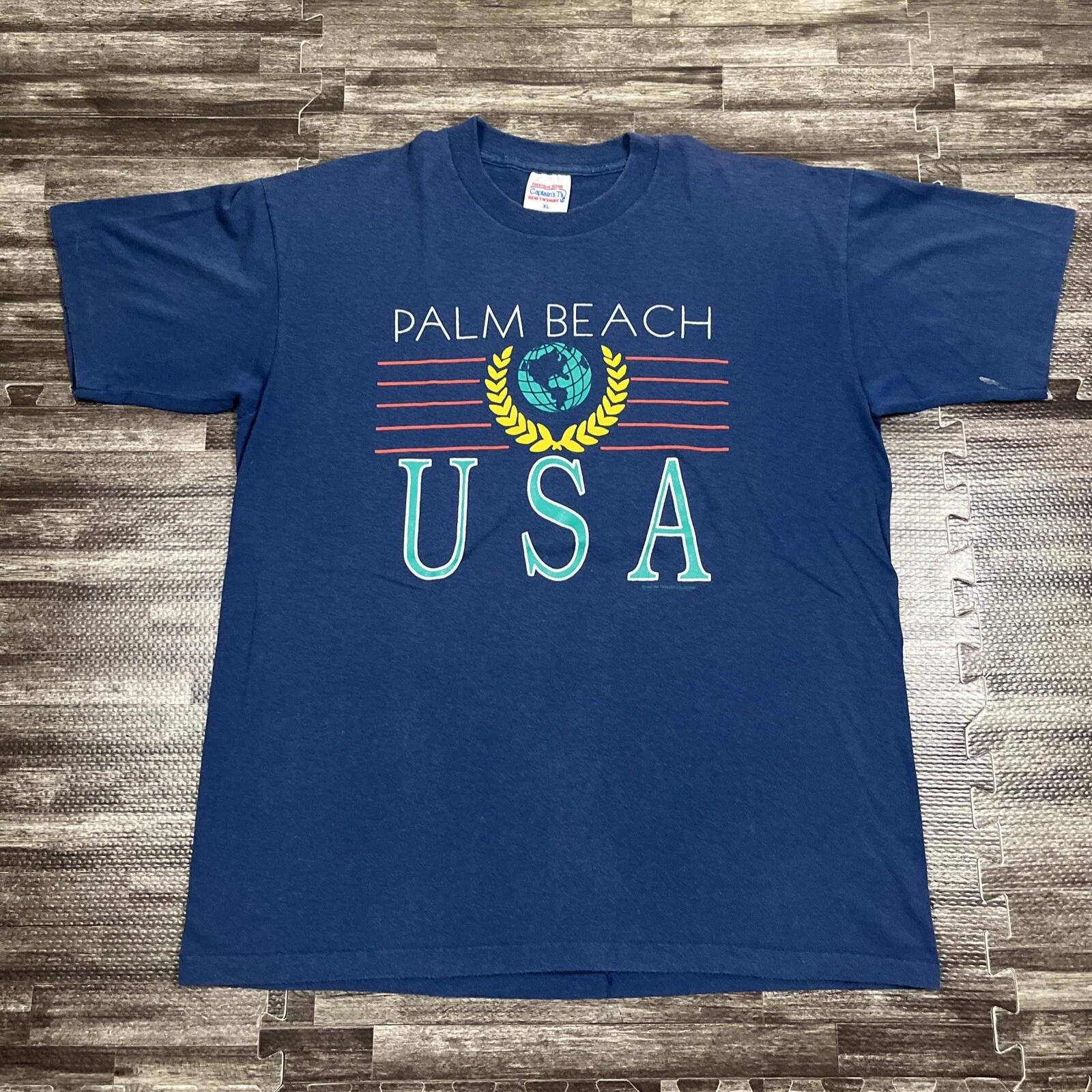 

Винтажная футболка с графическим принтом Palm Beach USA, одинарный шов, синяя, размер XL, VTG 90-х, пляжная L